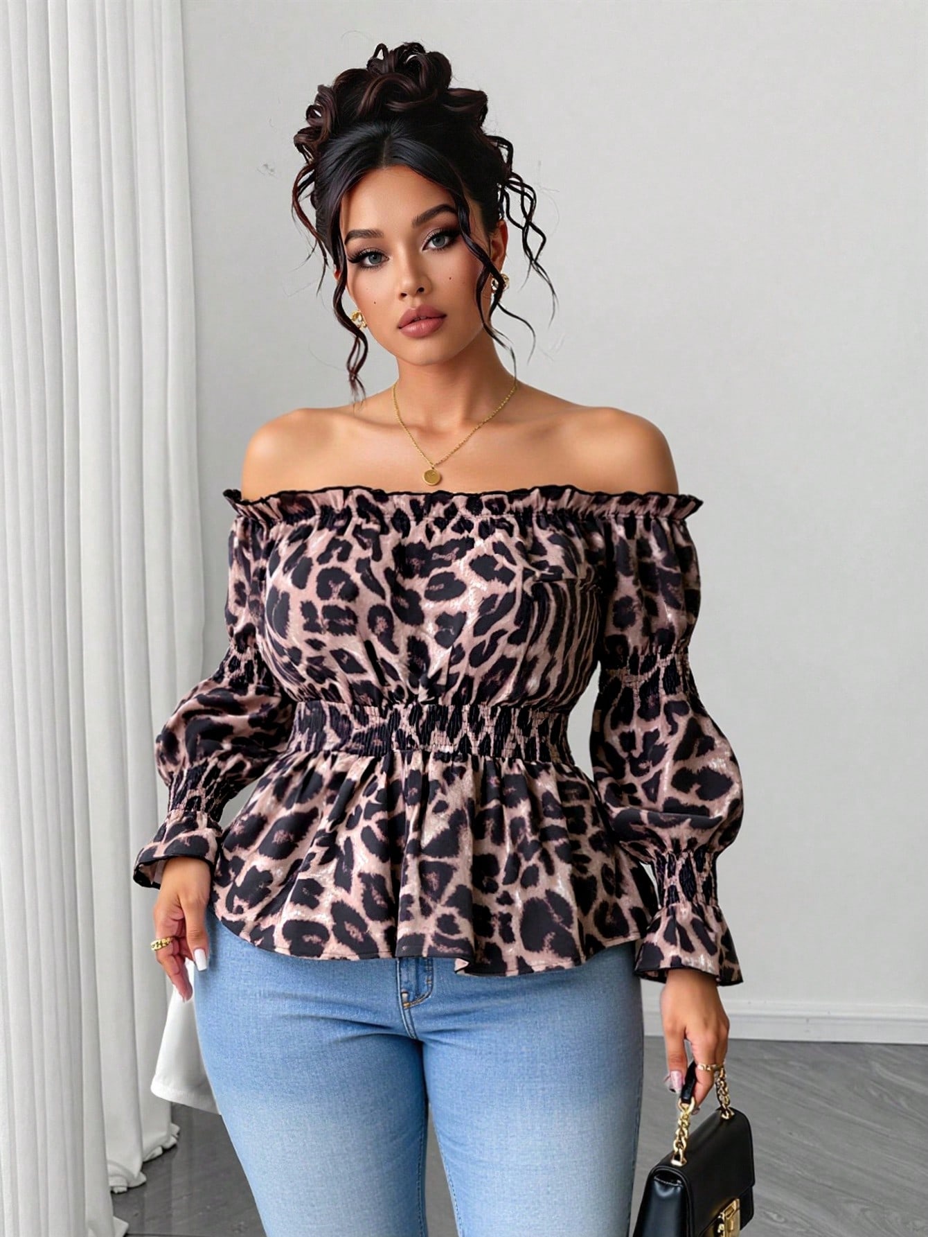 Plus Size Women Leopard Print  - Blouse Off Shoulder ulasan dan harga