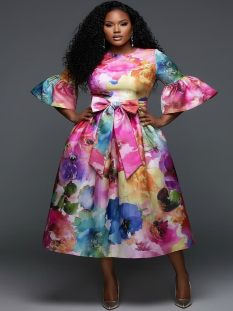 Plus Size Round Neck Flare Sle - Midi Skirt Floral ulasan dan harga