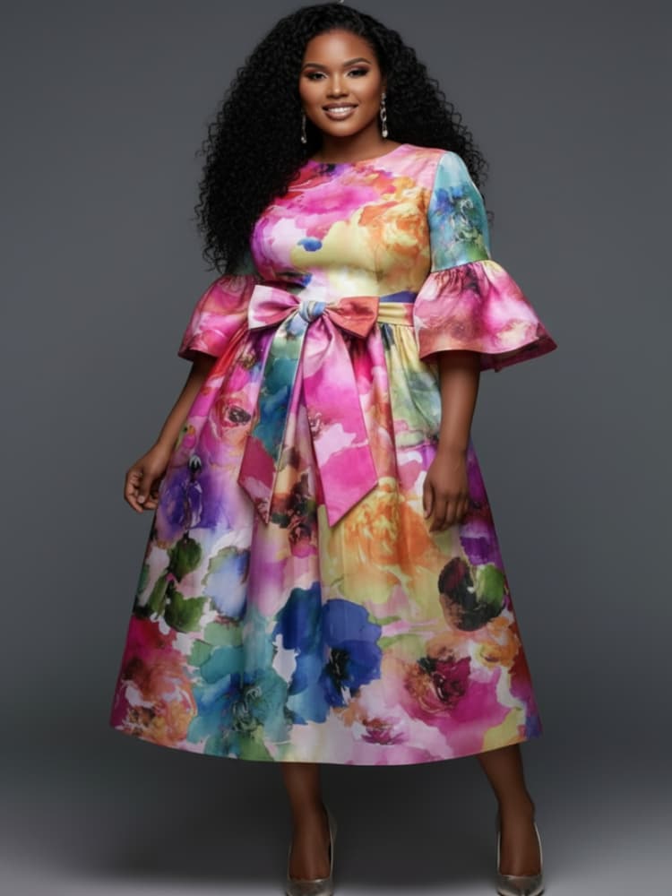 Plus Size Round Neck Flare Sle - Midi Skirt Floral ulasan dan harga