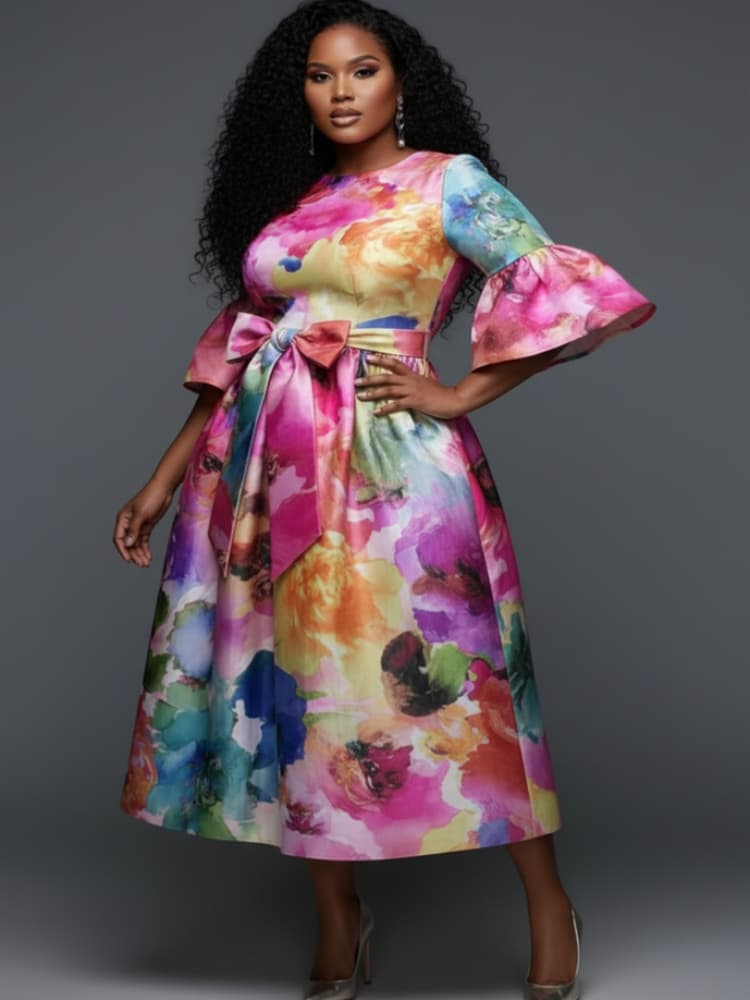 Plus Size Round Neck Flare Sle - Midi Skirt Floral ulasan dan harga